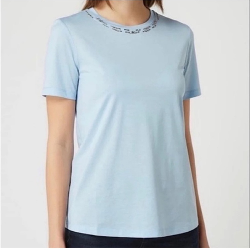 MaxMara Studio Ribe Embellished Beaded Neck Short Sleeve Crew T-shirt Light Blue